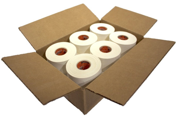 Case of 12 rolls of white athletic split tape, White Split Tape, White Trainers Tape, Economy Trainers Tape that is Hypoallergenic and Latex Free, Economy Trainers is 50% Polyester and 50% Cotton, White Athletic Tape, White Stick Tape, Spliced Trainers Tape